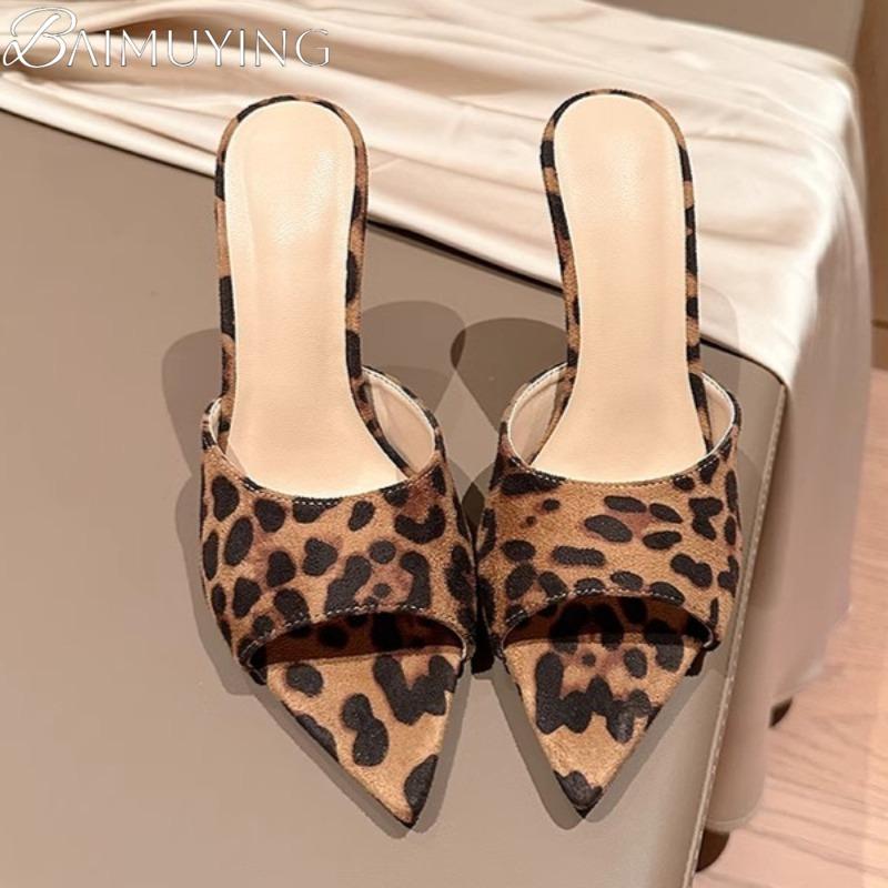 Fashion Leopard Pointed Toe High Heels Slippers Women Sandals Shoes Sexy 2025 Trend Dress Party Pumps Summer Fashion Peep Toe Flip Flops