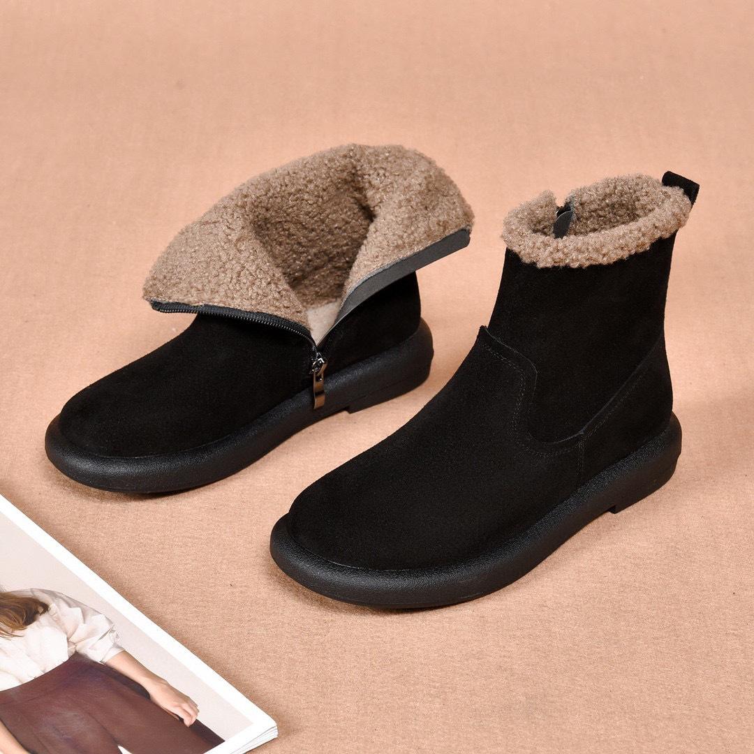 

Модные зимние ботинки с круглым носком 2025 осень-зима новая повседневная плоская подошва толстый велюр короткие ботинки первый слой коровья кожа теплые женские кожаные ботинки 35