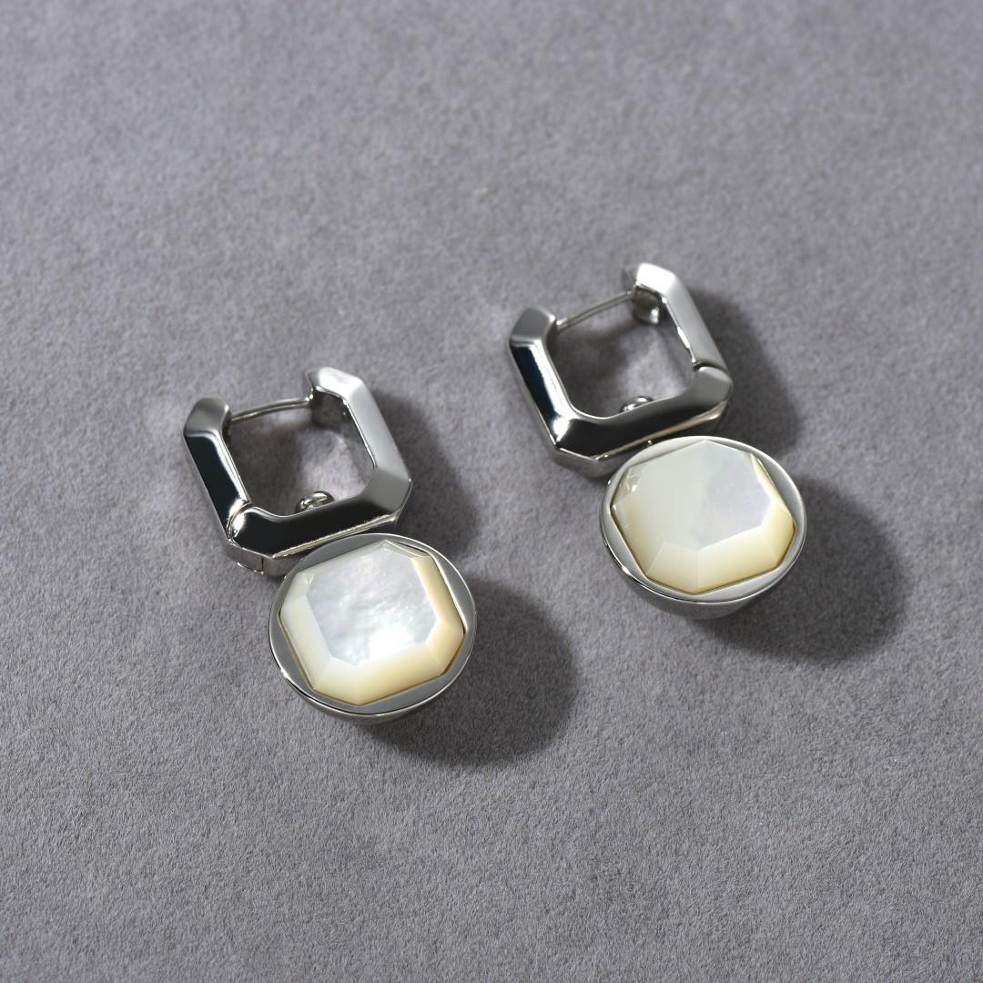 Personalized Simple Copper-Plated Platinum Inlaid White Fritillary Pendant Square Ear Buckle Earrings Fashion Temperament Earrings Women