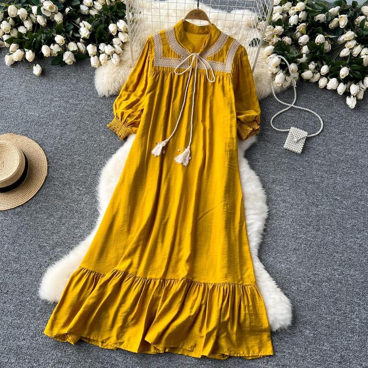 Elegant Retro Lace Up Summer Dress for Women A Line Ruffle Lantern Sleeve Loose Vacation Sweet O Neck Dresses