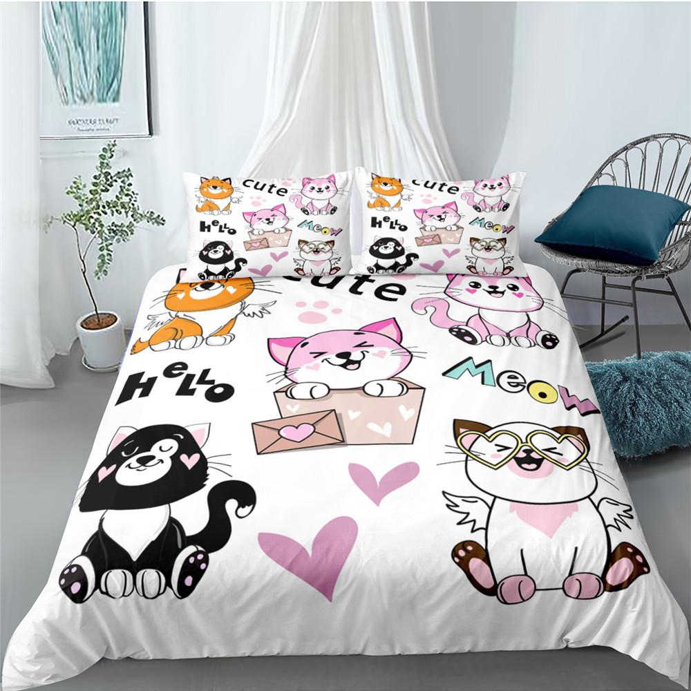 Classic Modern Cartoon Cat for Kids Girl Polyester Kitten 2 3pcs Animal Single Twin Queen King Quilt