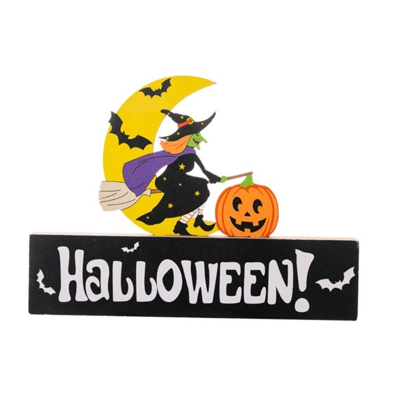 2Pcs Creative Halloween Gnomes Pumpkin Witch Figurines Wooden Block Table Sign For Festives Home Shelf Tiered Tray Decors