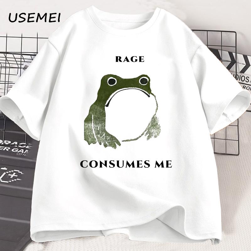 Unisexs T Shirts Funny Rage Consumes Me Frog Graphic T Shirts Vintage Cotton Short Sleeve Printed Tshirt Unisexs Clothes Streetwear