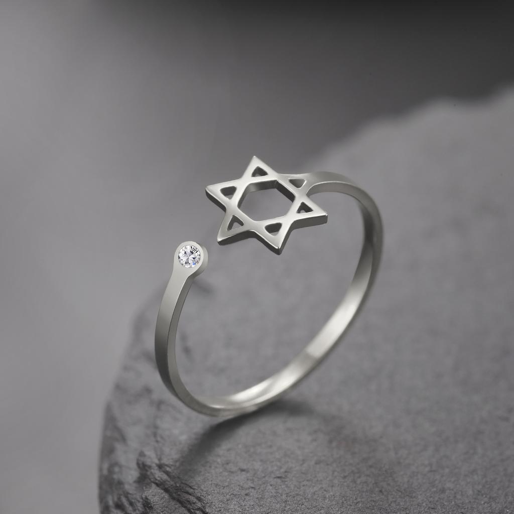 Hexagram Hollow Open Ring With Star Diamond Accents Elegant Versatile Fashion Hand Jewelry
