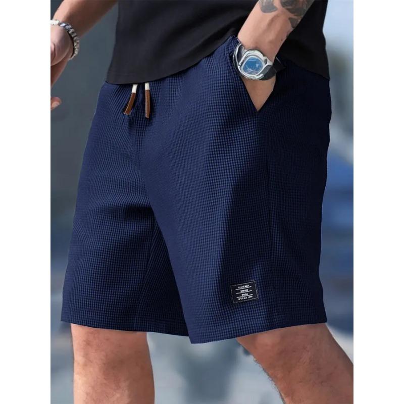 

Men s Beige Waffle Knit Checkered Shorts Casual Drawstring Waist Bottoms XL темно-синього кольору