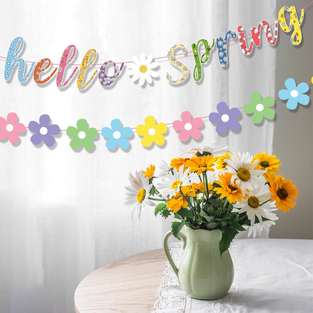 Spring Party Decor Hello Spring Banner Colorful Spring Decorations with Pom Pom Garland for Home, Office, Classroom