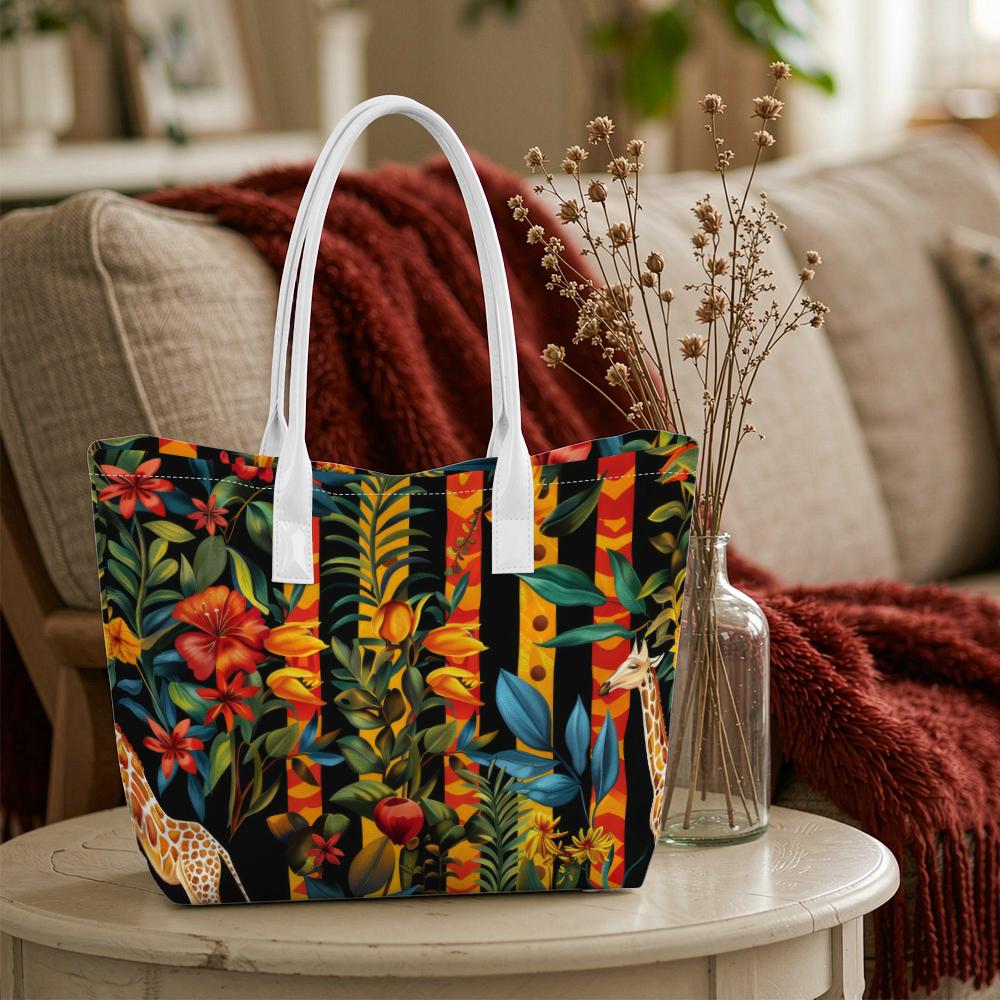 Bohemian Floral Giraffe Large Tote Bag for Daily Shopping Travel Outdoor Commute Use