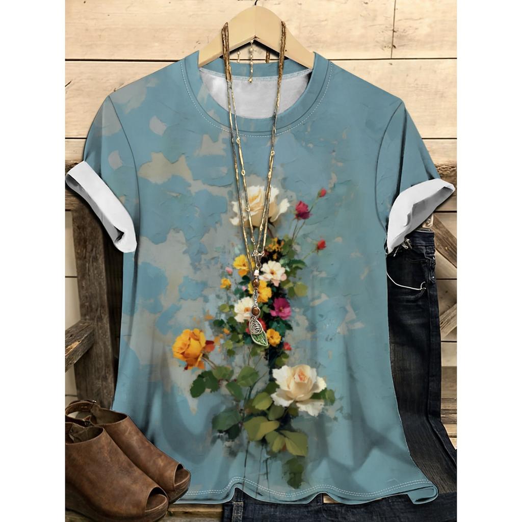 Summer Round Neck Flower Pattern 3D Print Top Fashionable Casual Short Sleeved Women's T-shirts