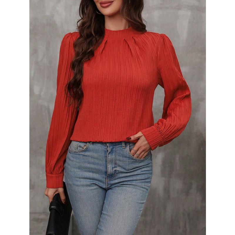 Women's Top Half Turtleneck Pleated Long Sleeve Slim Shirt
