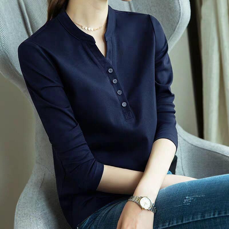 

Облегающие однотонные футболки на пуговицах, повседневная женская одежда с V-образным вырезом, весна-лето, удобные, практичные, легкие тонкие пуловеры, топы XXXL темно-синий