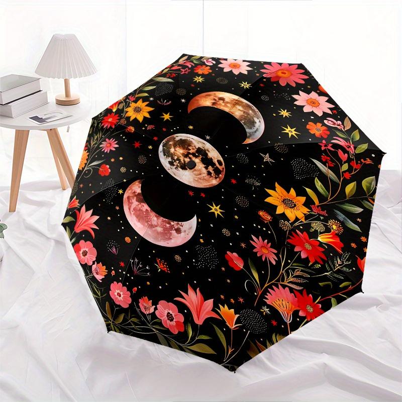 Floral Moon Phases Theme 8 Bone Hand Automatic Folding Umbrella, Compact and Portable Design, A Perfect Gift for Birthday, Christmas or Busi