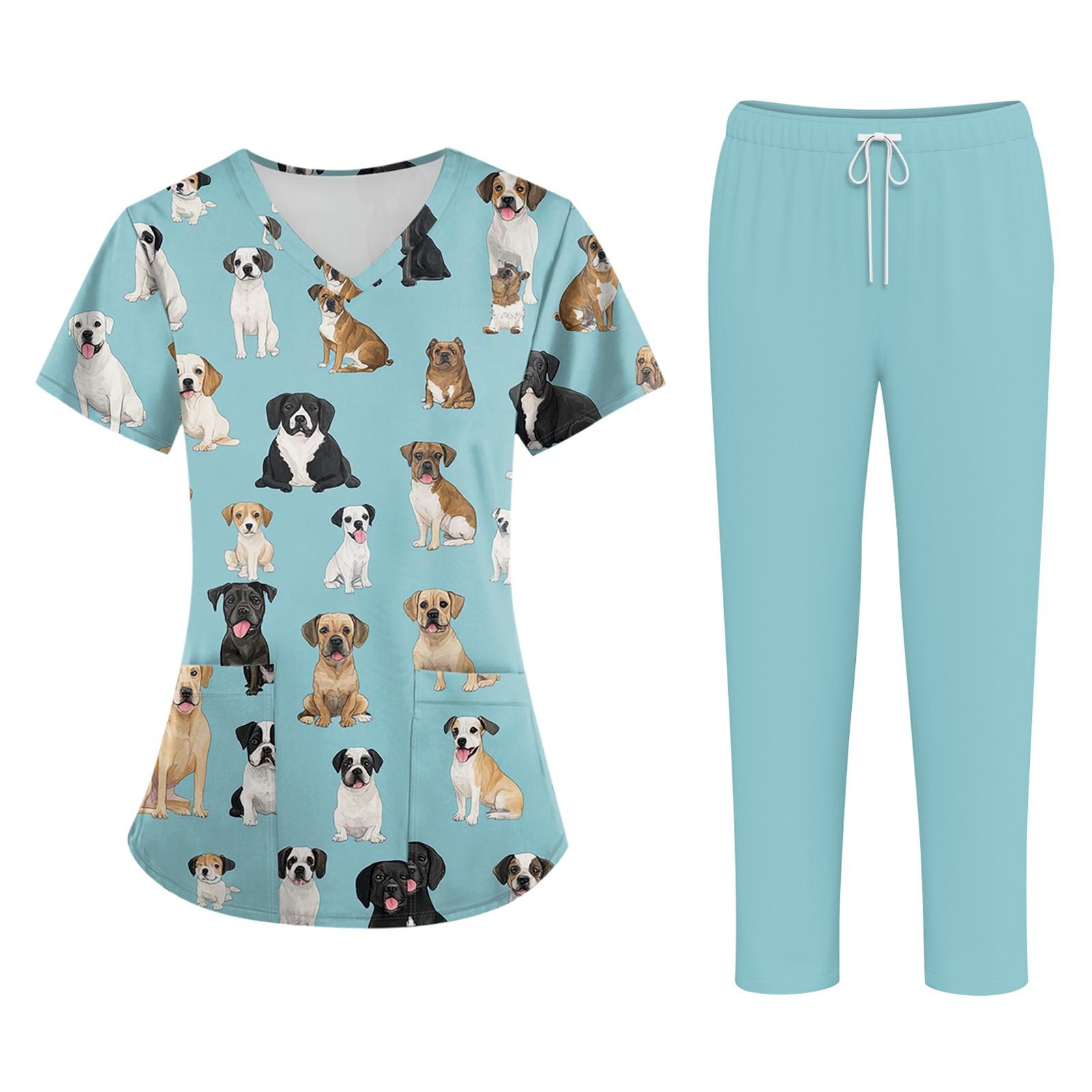 

Плюс размерСкраб с принтом Рабочая форма Топы для женщин Крест V-образным вырезом Хэллоуин Принт с короткими рукавами Забавные футболки Спецодежда Футболка с карманами S циан