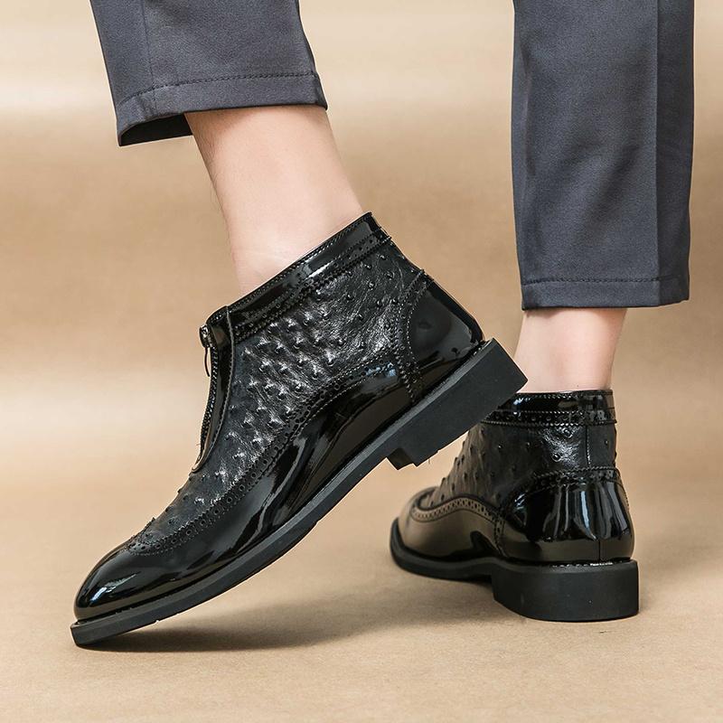 British Style Brogue Dress Boots Men Pointed Toe High Top Leather Shoes Man Fashion Design Zip Men's Ankle Boots botas masculino