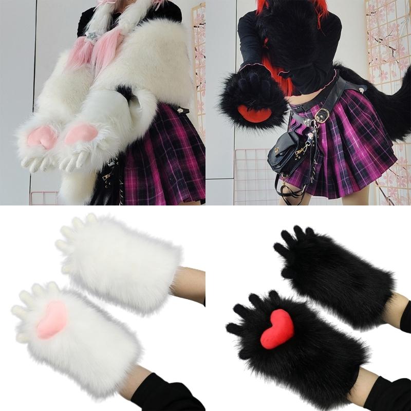 Plush Teens Cats Paw Glove Halloween Party Mitten Teenager Half Finger Glove