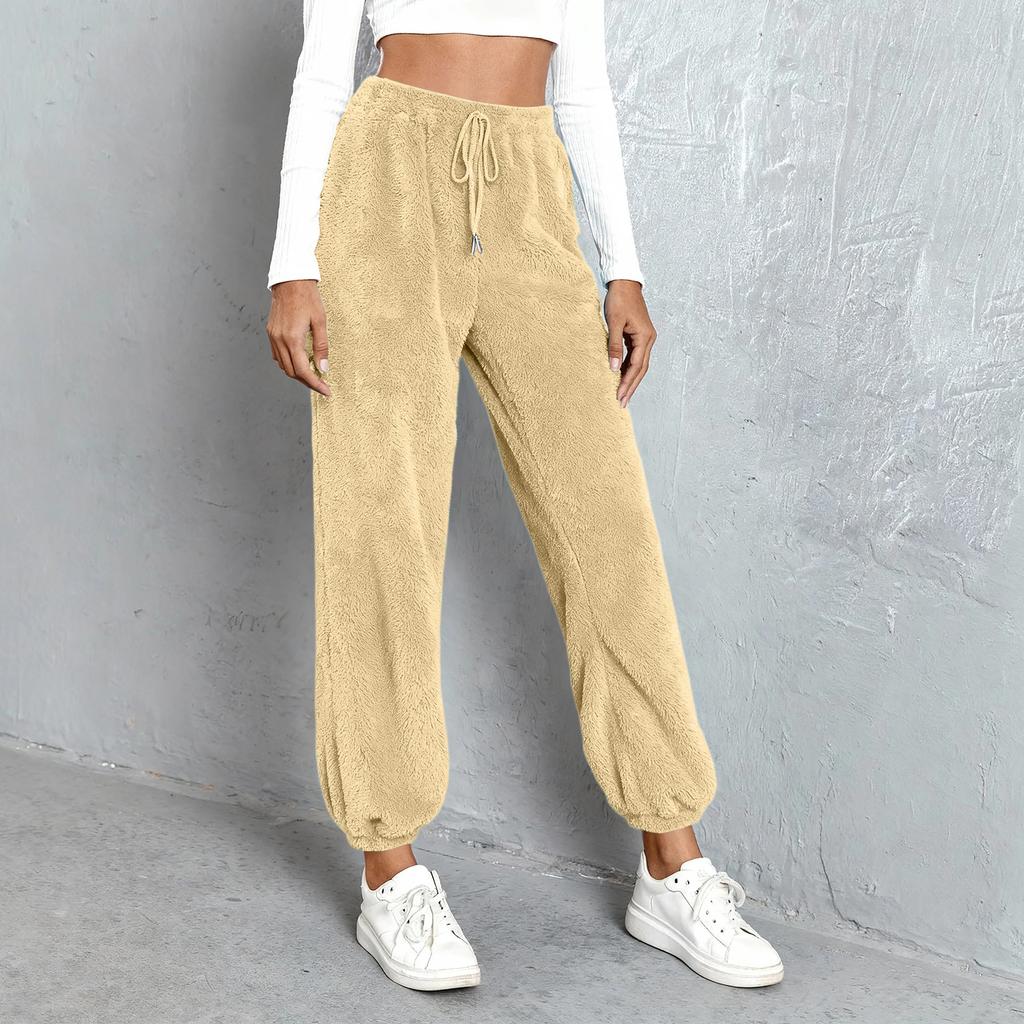Women's Fashionable Relaxed-Fit Trousers Sporty Fleece-Lined Solid-Colour Cuffed Trousers