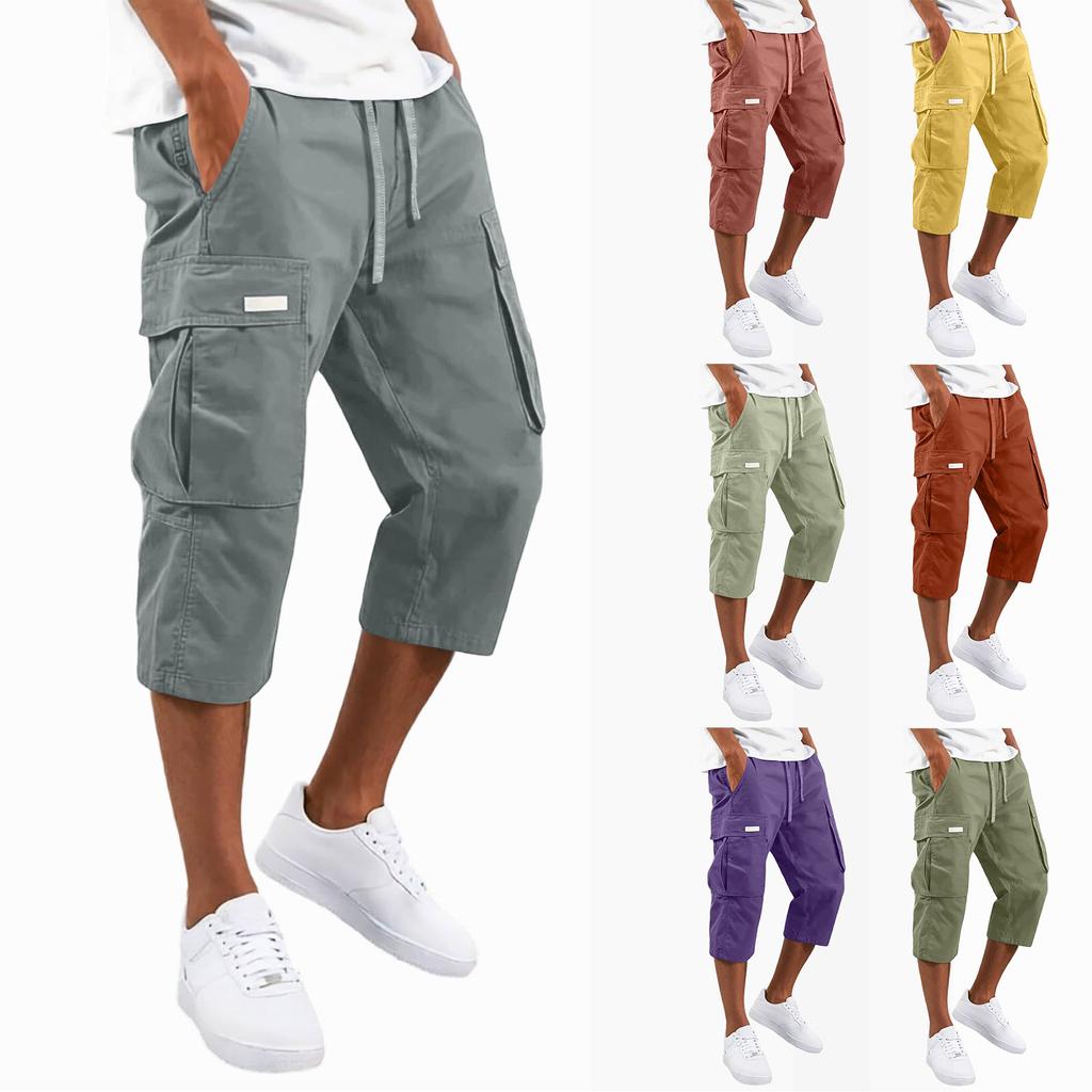 Men's Cargo Shorts Drawstring Waist Multi Pocket Workwear Style Casual Knee Length Trousers Lightweight Durable Fabric