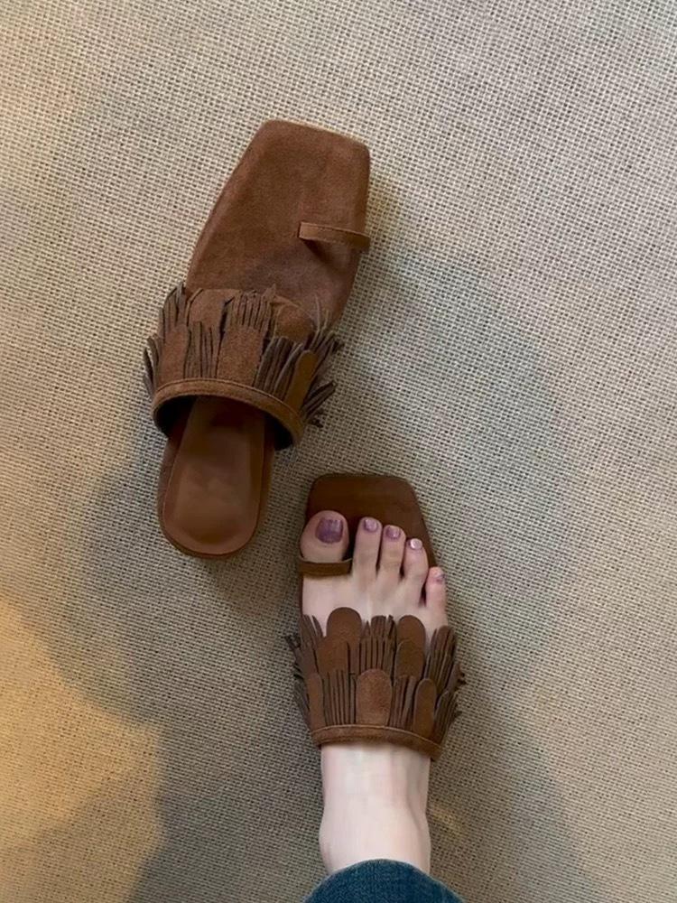 Sheepskin Version~ Niche Suede Tassel Low Heel Square Head Set Toe Slippers Women's Wear 2025 Summer Cool Slippers