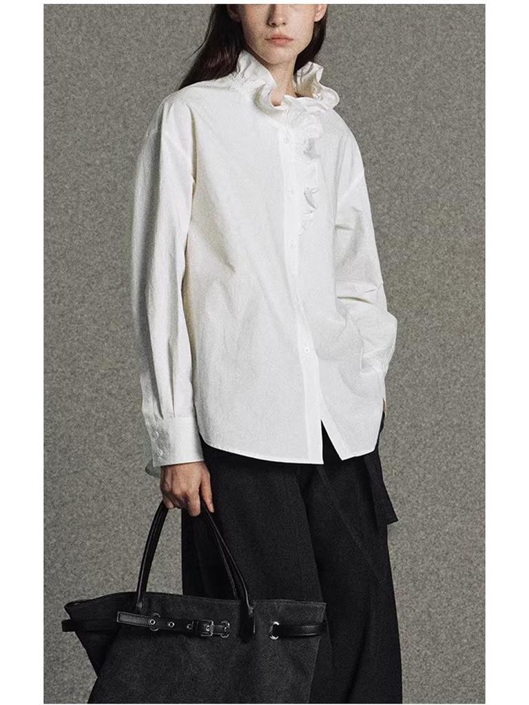 Elegant French Wood Ear Collar White Cotton Long Sleeve Women's Shirt - 2026 Early Spring Collection
