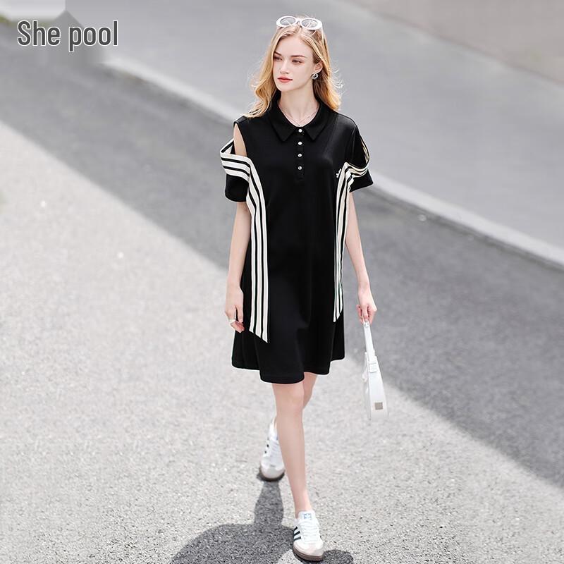 

Tachic Striped Off-Shoulder Lapel Straight Dress M