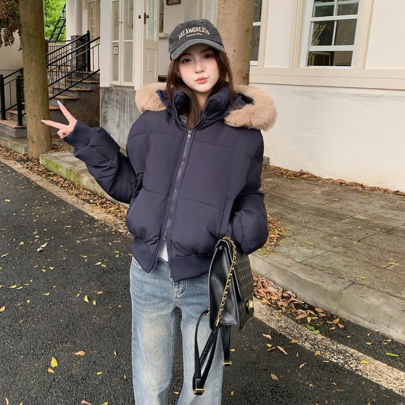 New Cotton Clothes Women's Winter Navy Blue Hooded Fur Collar Short Cotton Clothes Bread Clothes Jacket Thick