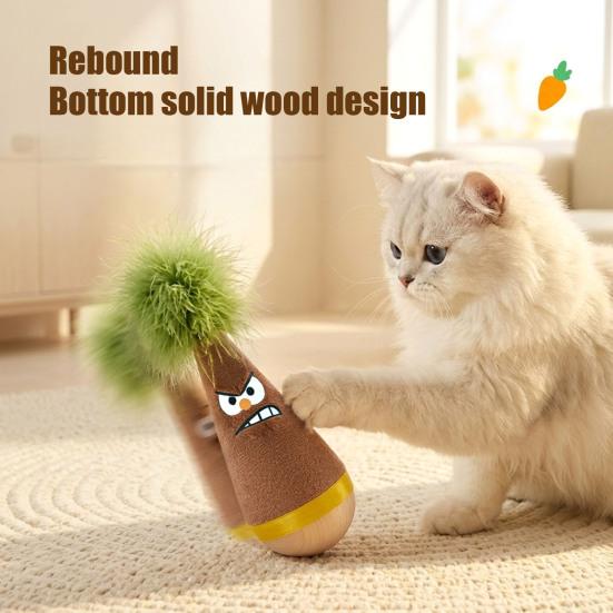 Wobble Cat Toy, Wooden Base Plush Wobble Toy, Self-Righting Interactive Cat Feather Toy for Indoor Cats Kittens Batting Kicking Silent