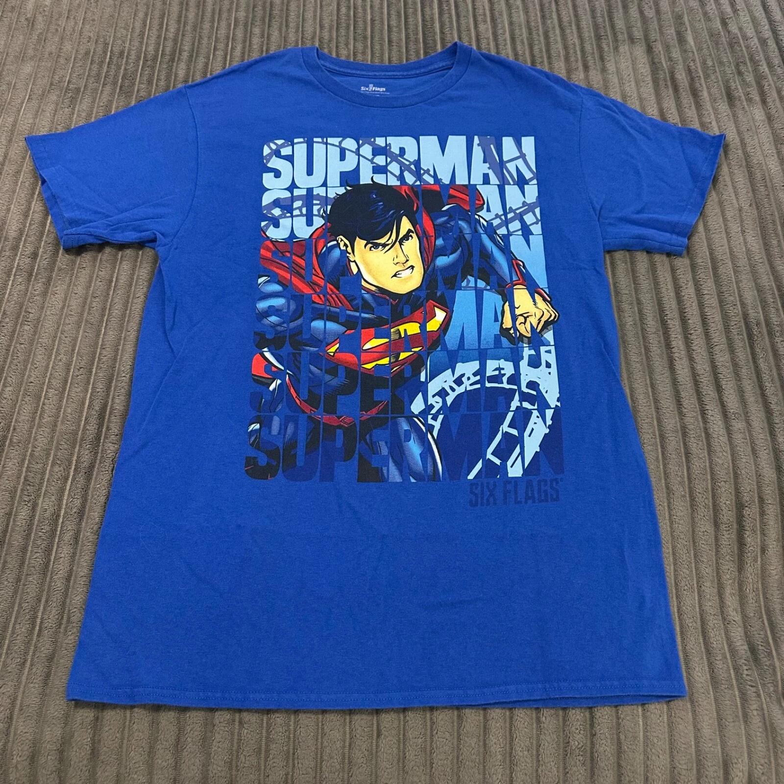 Superman Roller Coaster T-Shirt Adults M Blue Graphic Six Flags Ride Theme Park L