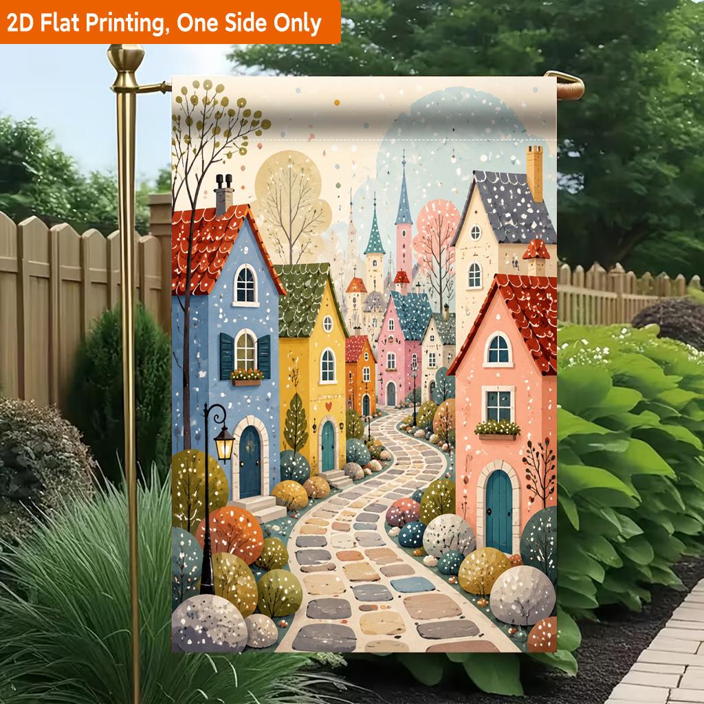 2D Flat - 2D Flat Printing Garden Flag 1pc, Houses in Winter Scene Durable Single-Sided Print Yard Flag, Garden And Home Holiday Decoration, 29.97 X 4