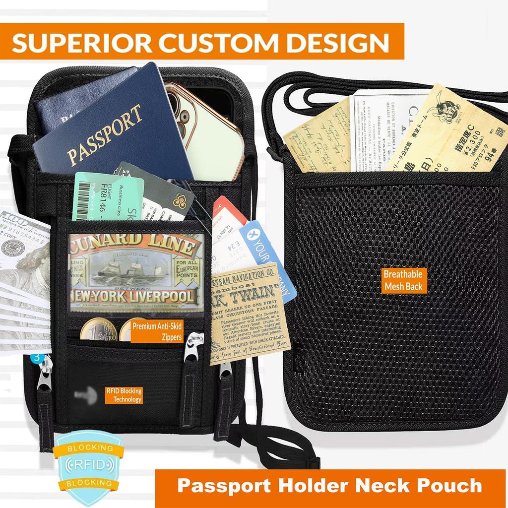 Passport Convenient Security Pouch for International [7-Mi] Case, Neck-Mounted, Travel, Anti-Skimming (Black)