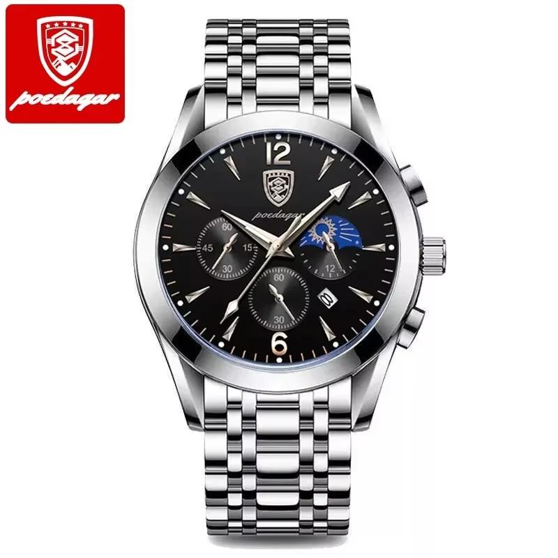 Poedagar 829 Luxury Men Watch Chronograph Quartz Stainless Steel Band Waterproof Luminous Hands Casual Business Wristwatch
