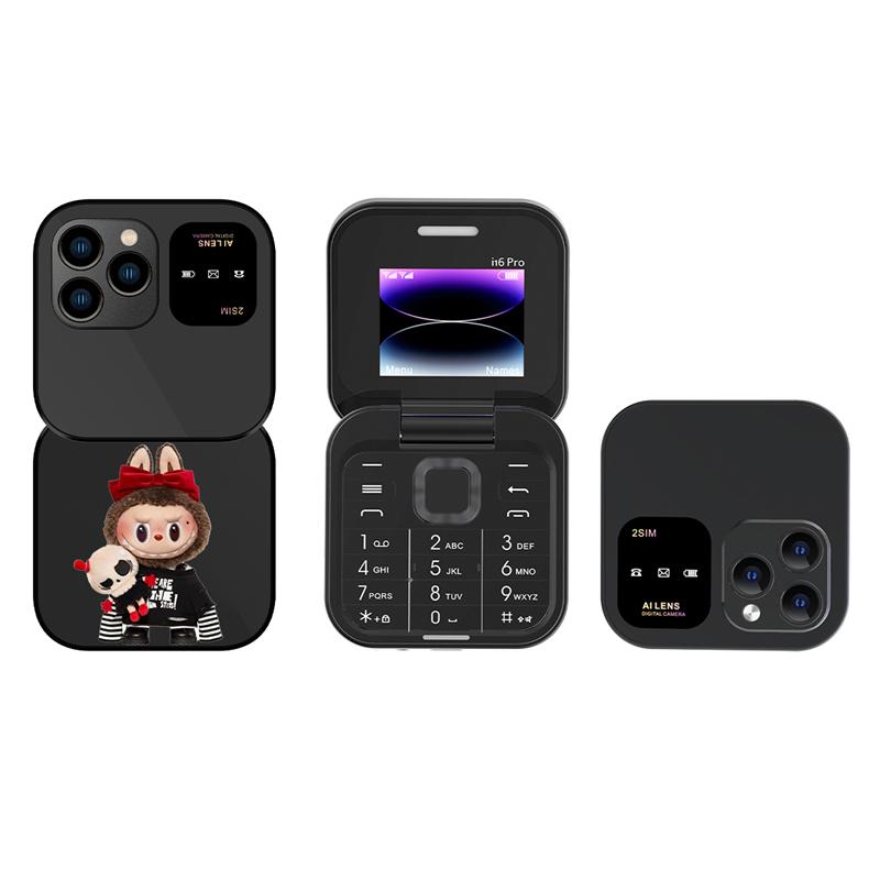 Ny i16 Pro Søt Labubu Flip-blokk Mobiltelefon Doble SIM-kort 1,77" Skjerm Hurtigvalg Magisk stemme Svarteliste Mini Boks Mobiltelefon 3,5 mm Jack