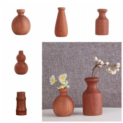 Wood Dried Flowers Vase Vintage Style Small Planter Minimalist Solid Wood Pot  Desk Decoration