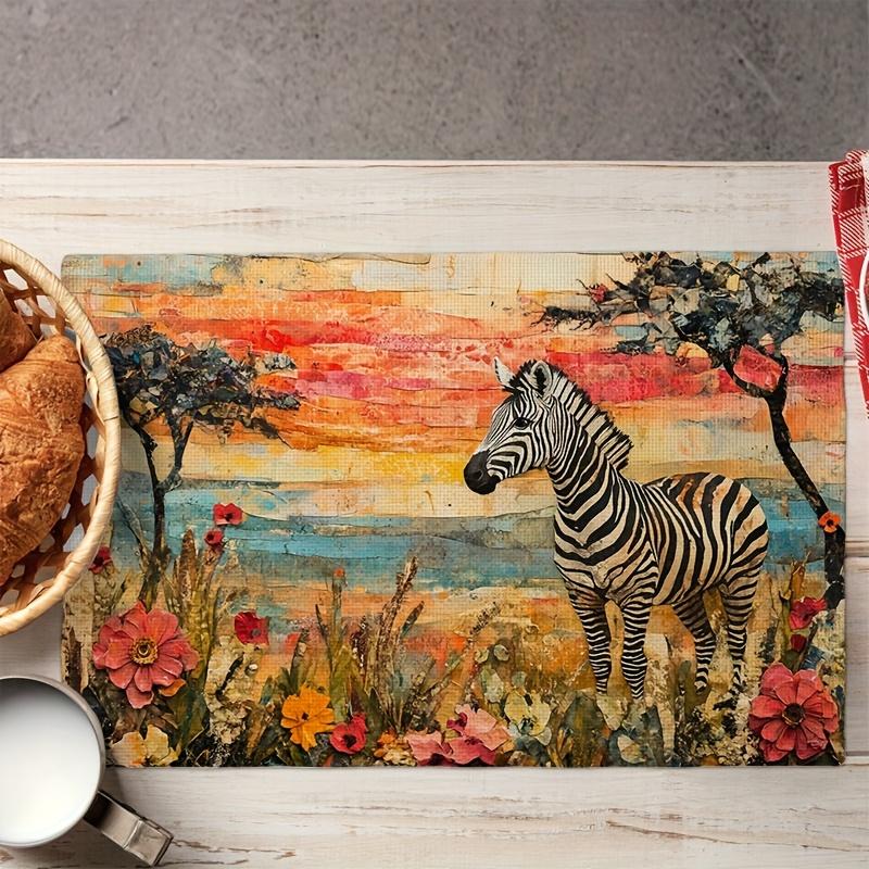 

4pcs Intricate Collage of Zebra Standing in African Savanna s Placemats for Farmhouse Dining Table, Spring/Summer Country Rustic 12x18in-4PCS