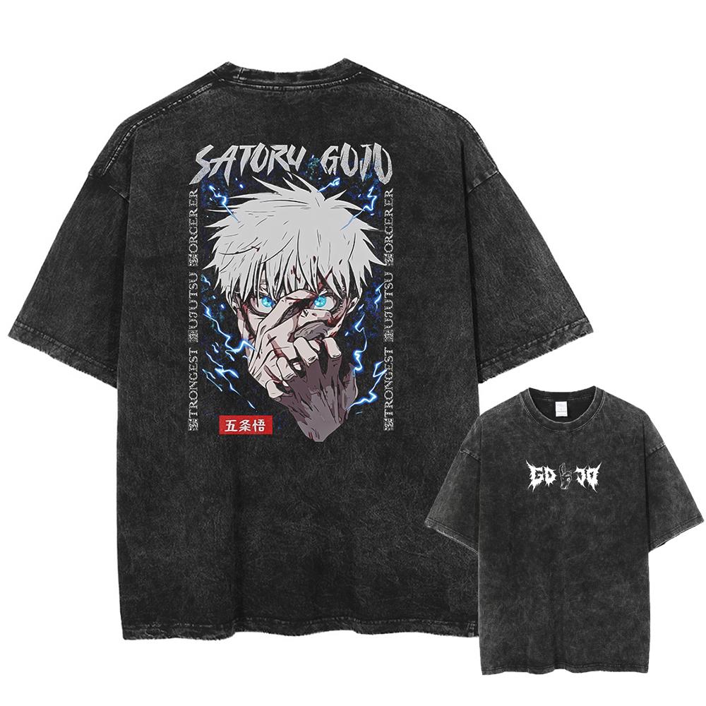 Japan Anime Jujutsu Kaisen Gojo Satoru Print Washed Tshirt Men High Quality Cotton T-shirts Manga Casual T Shirt Harajuku Tops