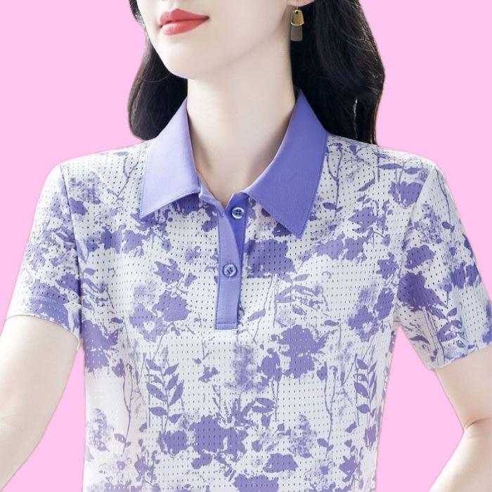 Lapel Short-sleeved T-shirt for Ladies Summer New Polo Shirt Large Size Top Middle-aged Mother Loose Printed T-shirt