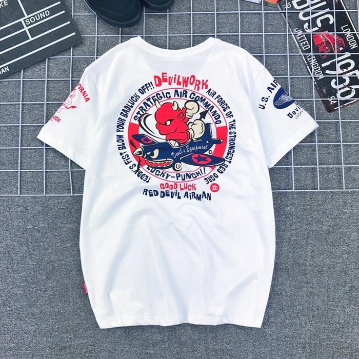 Japan Lucky Ghost Little Devil Shark Fighter Plane Printed Locomotive Cotton Short-sleeved T-shirt Men Women Half-sleeved Tide