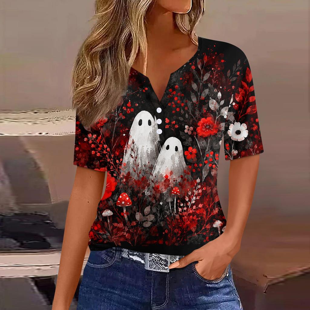 Women's Casual Halloween Print V Neck Short Sleeve Button Down T Shirt Top Lightweight Comfortable Fit