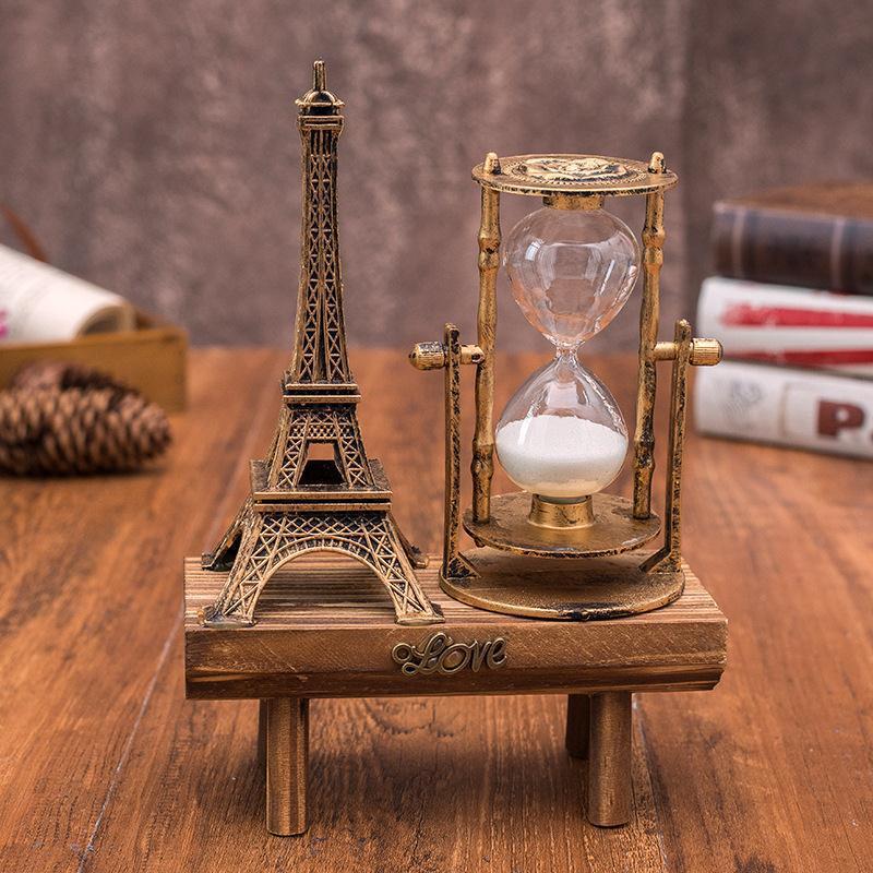 Retro Eiffel Tower Hourglass with Wooden Base - Modern Home Decor Ornament