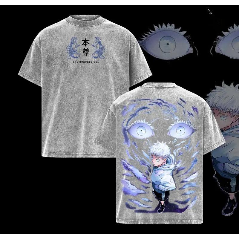 

Gojo Satoru Jujutsu Kaisen Graphic T Shirt Men Women Short Sleeve Cotton Tshirts Vintage Washed Tee Harajuku Male Casual T-shirt XXL сірий колір