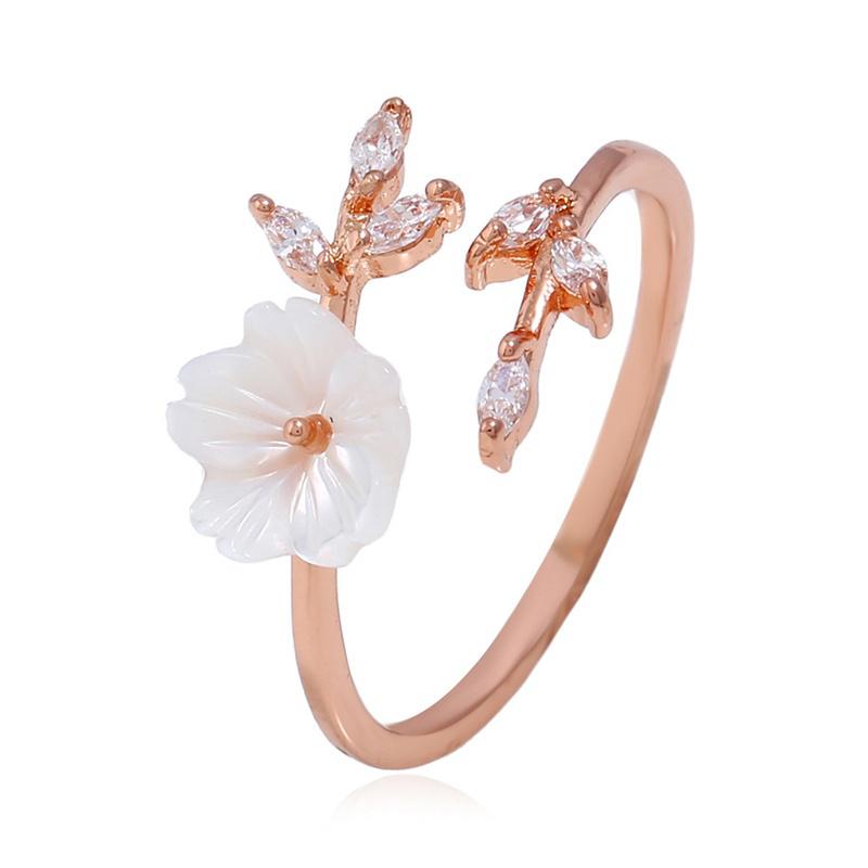 Delicate Zircon Crystal Leaf Shell Flower Ring for Women Ladies Girls Rose Gold Color Finger