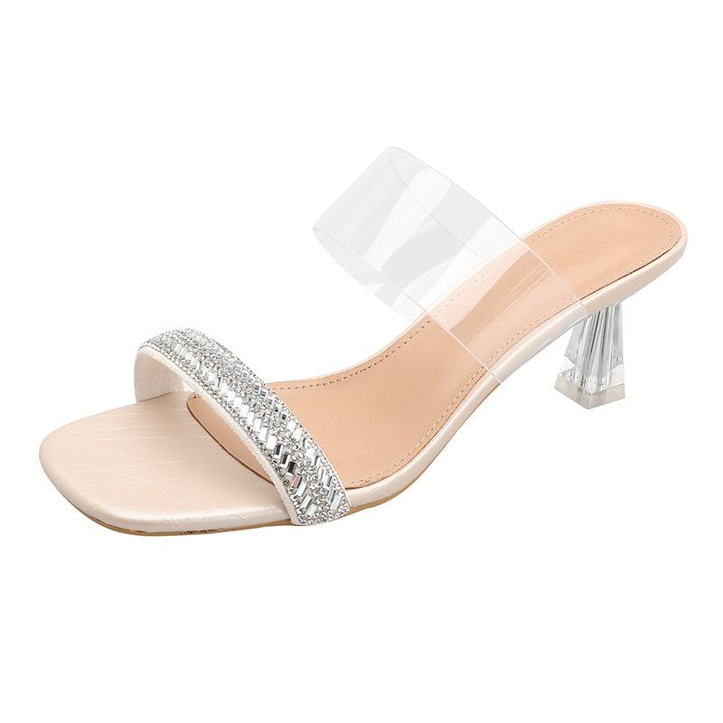 High-heeled Rhinestone Slippers Women's Summer Outer Wear Fashion 2025 New Fairy Wind Transparent Crystal Thin-heeled Cool Slippers