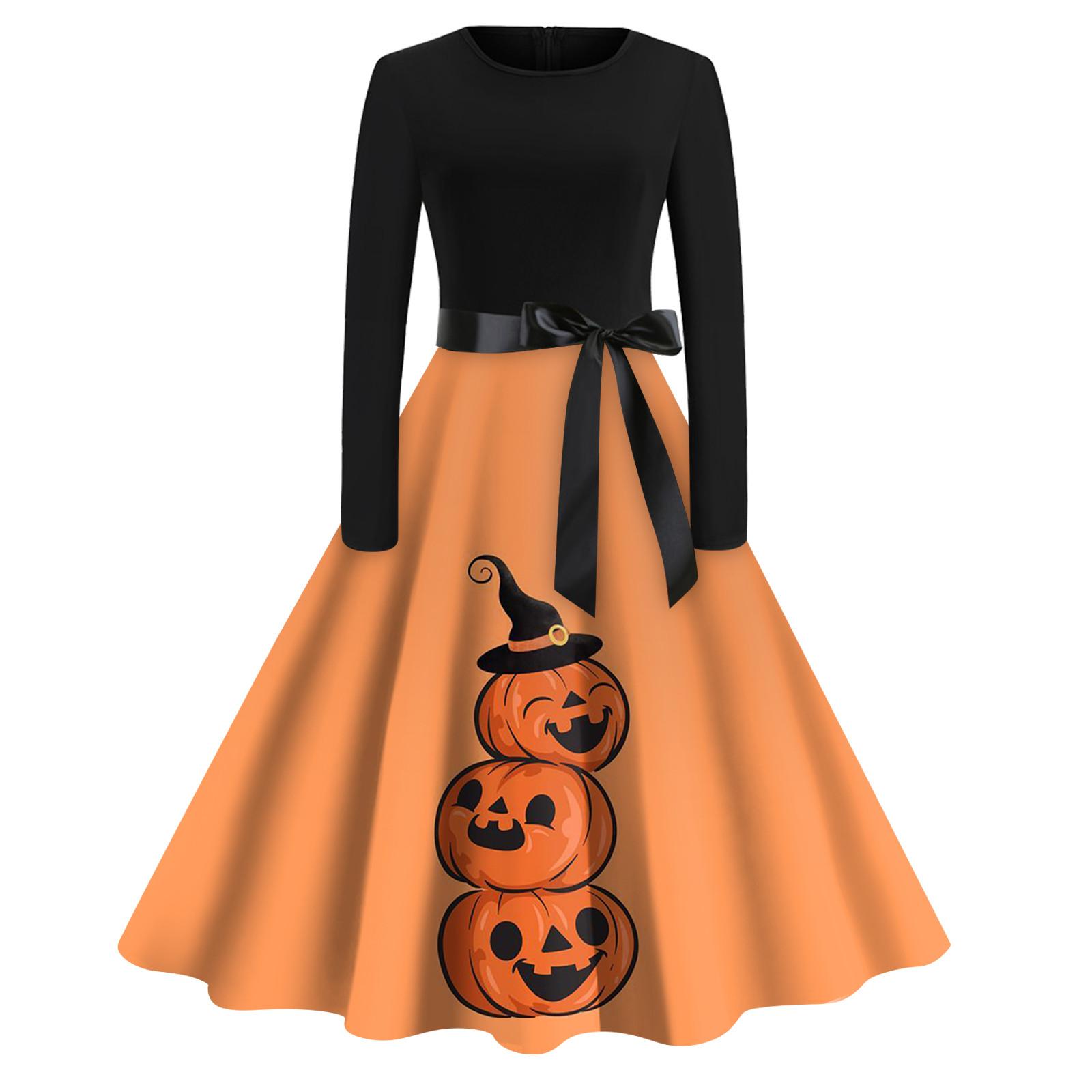 

Женское платье с расклешенным принтом на Хэллоуин с длинным рукавом и круглым вырезом, вечерние повседневные платья M имбирный