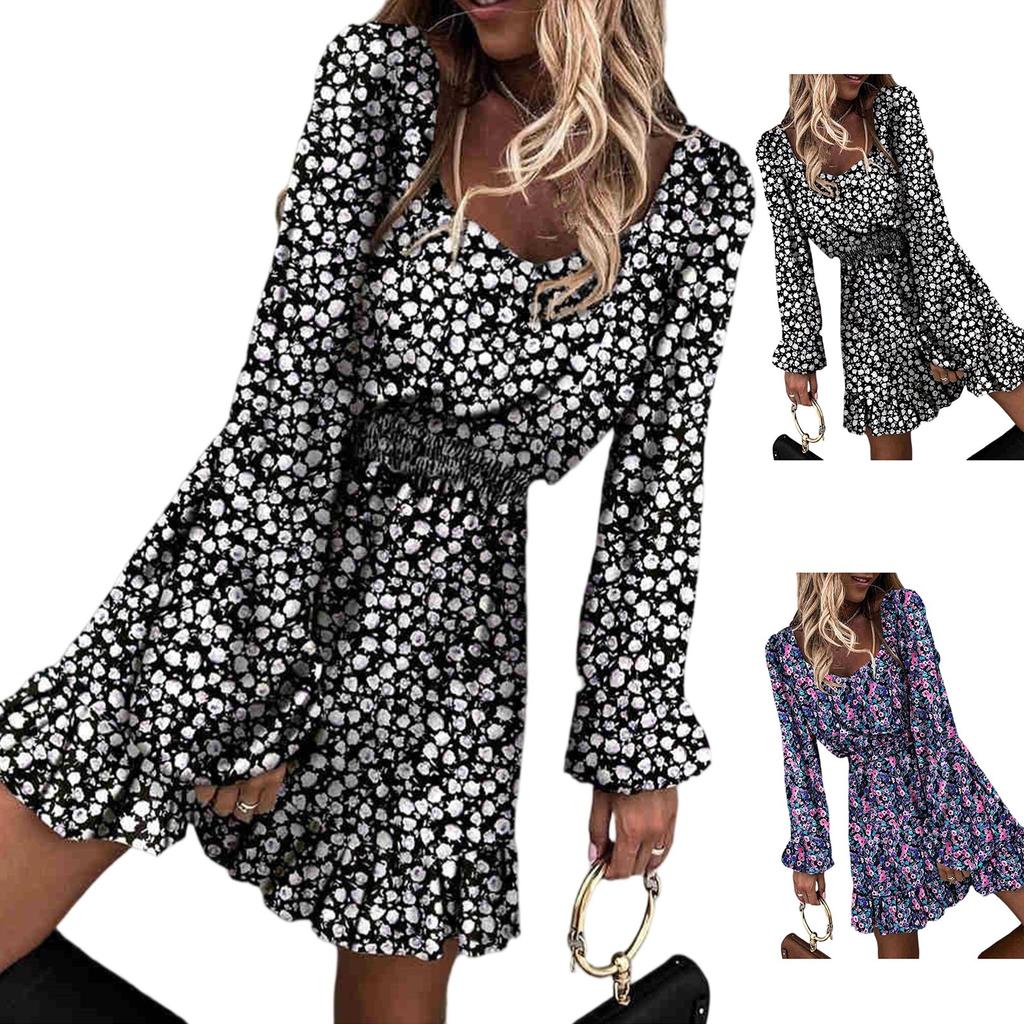 A Sexy Printed Pleated, Tight-fitting Long-sleeved Dress For Women