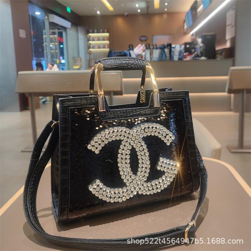 Luxury Genuine Leather Tote Bag Women Fashionable With Rhinestones Sequins Chain Large Capacity Soft