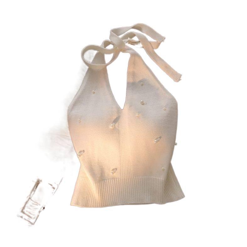 Women's Slim-Fit French Beadwork Halter Tank Top: Stunning Knitted Off-Shoulder Summer Wear