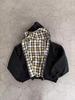 Sudadera Gris con Capucha y Cremallera con Forro de Camisa a Cuadros Aspecto en Capas