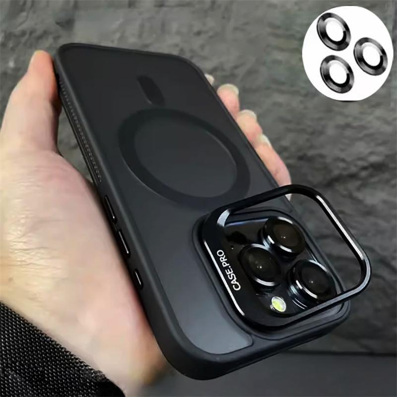 For Magsafe Stand Glass Lens Protection Phone Cases For iPhone 16 15 14 13 12 11 Pro Max Plus Shockproof Matte Magnetic Cover