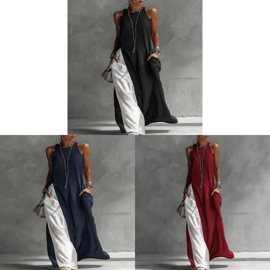 Polyester Splicing Sleeveless Loose Casual Dress With Pockets For Travel And Beach Use