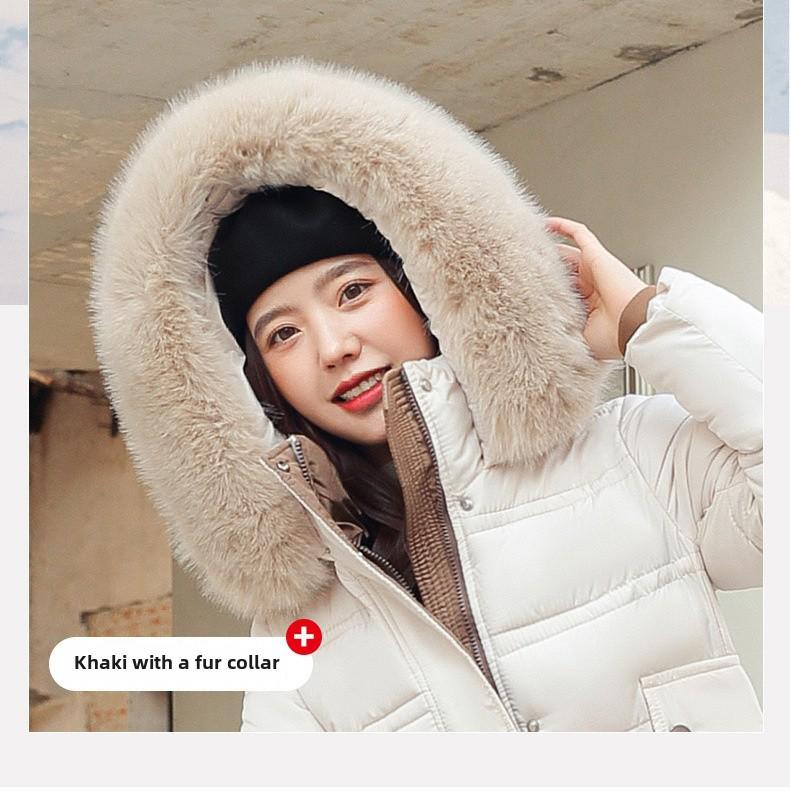 Korean Style Long Winter Cotton Coat with Large Fur Collar for Women – Thick, Loose, Over-Knee Design, Plus Sizes Available.