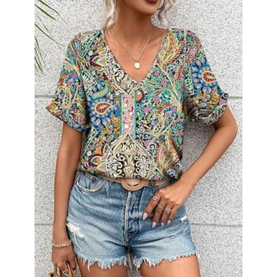 Women's T Shirt Boho Blouse Paisley Print V-Neck Short Sleeve Casual Loose Lightweight Summer Top
