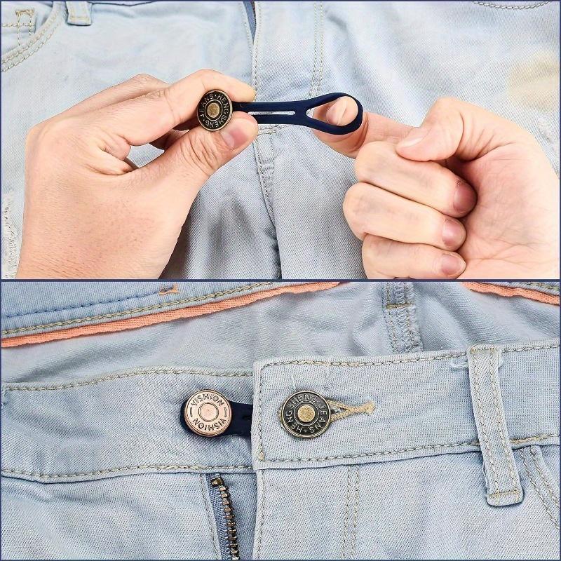 4-piece adjustable denim button extender - copper button with blue plastic handle, unisex elastic waistband extender